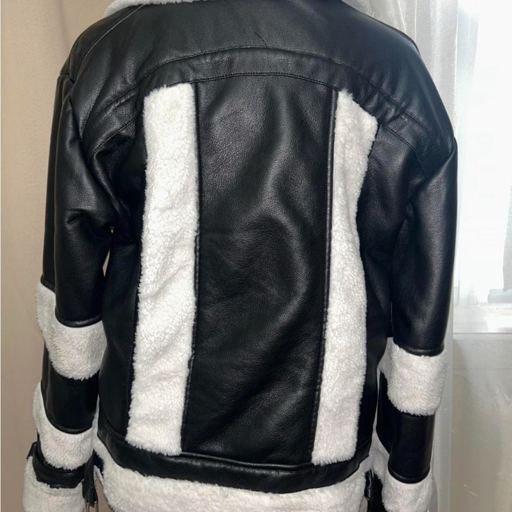 Women's Black and White Shearling Jacket - Picture 5 of 6